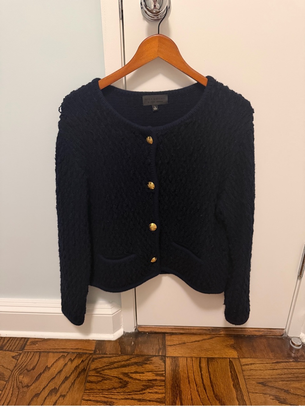 Stylish Navy Cable-Knit Button Cardigan Sweater